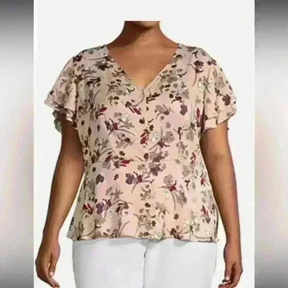 Liz Claiborne Women’s V-Neck Short Sleeve Blouse Rose Floral Size M - Picture 1 of 7